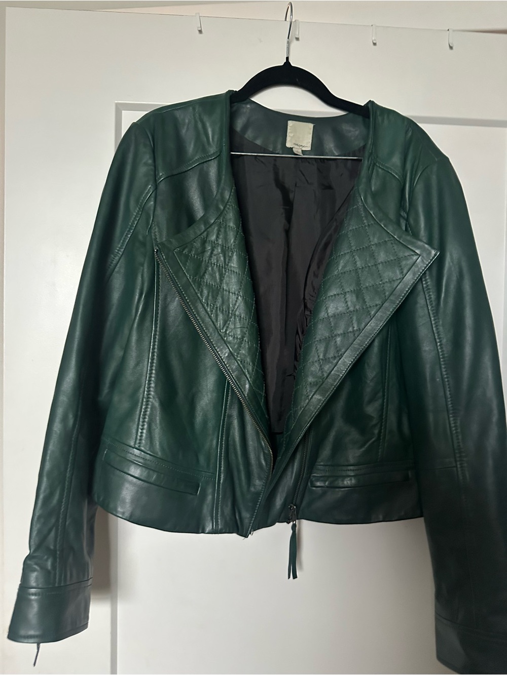 Halogen Dark Green Leather Moto Jacket with Quilted Panels